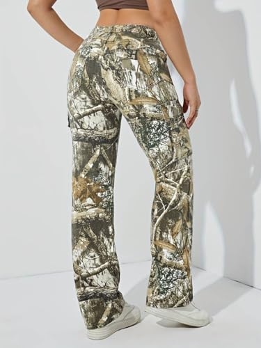 Women's Camo Cargo Pants High Waist Baggy Wide Leg Camouflage Army Fatigue Slim Fit Pockets Sweatpants