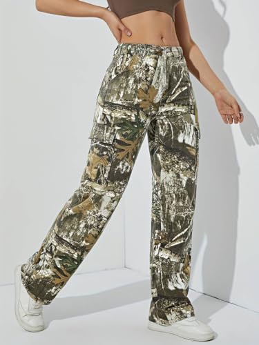 Women's Camo Cargo Pants High Waist Baggy Wide Leg Camouflage Army Fatigue Slim Fit Pockets Sweatpants