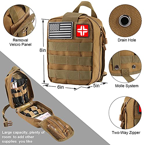 Survival Kit and First Aid Kit, 142Pcs Professional Survival Gear and Equipment with Molle Pouch, for Men Dad Husband Who Likes Camping Outdoor Adventure (Khaki)