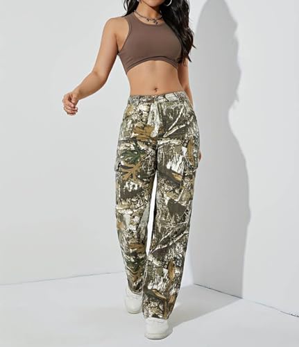 Women's Camo Cargo Pants High Waist Baggy Wide Leg Camouflage Army Fatigue Slim Fit Pockets Sweatpants