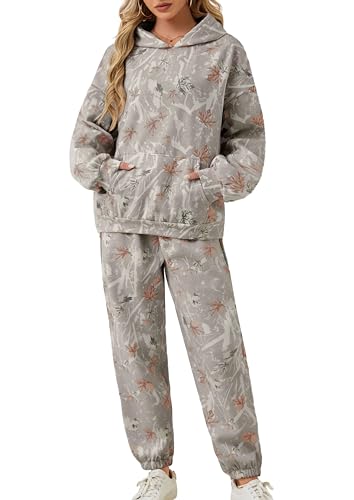 Eutten Camo Sweatsuits for Women Set 2 Piece Camo Hoodies Maple Leaf Print Oversized Sweatshirt Lounge Sets Fall Outfits