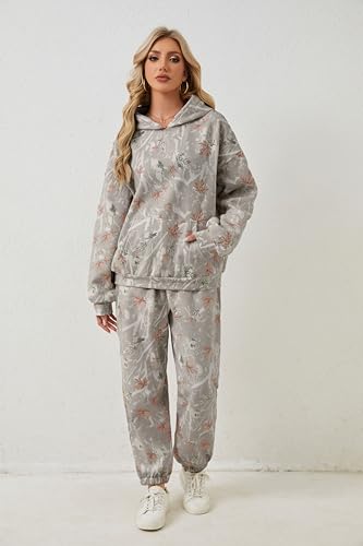 Eutten Camo Sweatsuits for Women Set 2 Piece Camo Hoodies Maple Leaf Print Oversized Sweatshirt Lounge Sets Fall Outfits