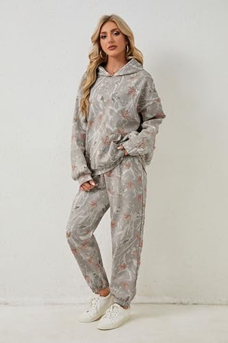 Eutten Camo Sweatsuits for Women Set 2 Piece Camo Hoodies Maple Leaf Print Oversized Sweatshirt Lounge Sets Fall Outfits