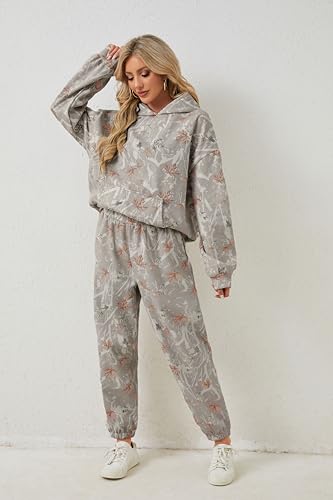 Eutten Camo Sweatsuits for Women Set 2 Piece Camo Hoodies Maple Leaf Print Oversized Sweatshirt Lounge Sets Fall Outfits