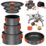 10 Pcs Smokey Camp Backpacking Cooking Set with Stove & Adapter - 3 Pots Large Medium Small 1 Large Pan 1 Stove 1 Adpater, Compact Non-Stick Camping Cookware Mess Kit, All in One Hiking Picnic Outdoor