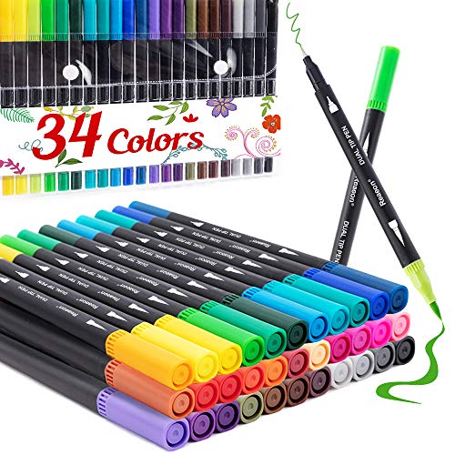 Coloring Dual Brush Tip Markers Pens, 34 Colors