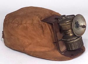 Vintage Coal Miners Canvas Cap Hat w Guys Dropper Shanklin Carbide Brass Lamp