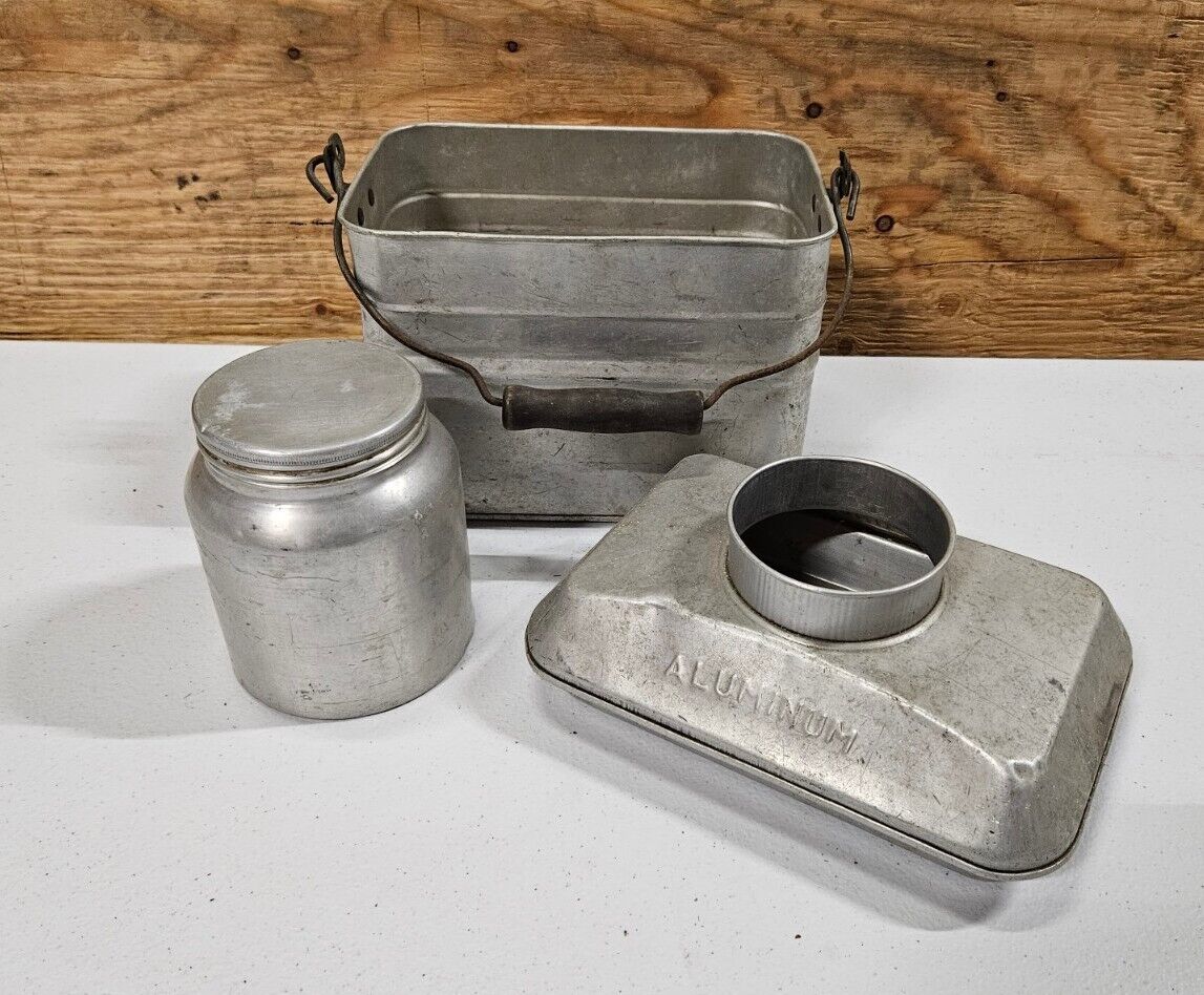 Vintage Aluminum Coal Miners Lunch Pail with Wooden Handle