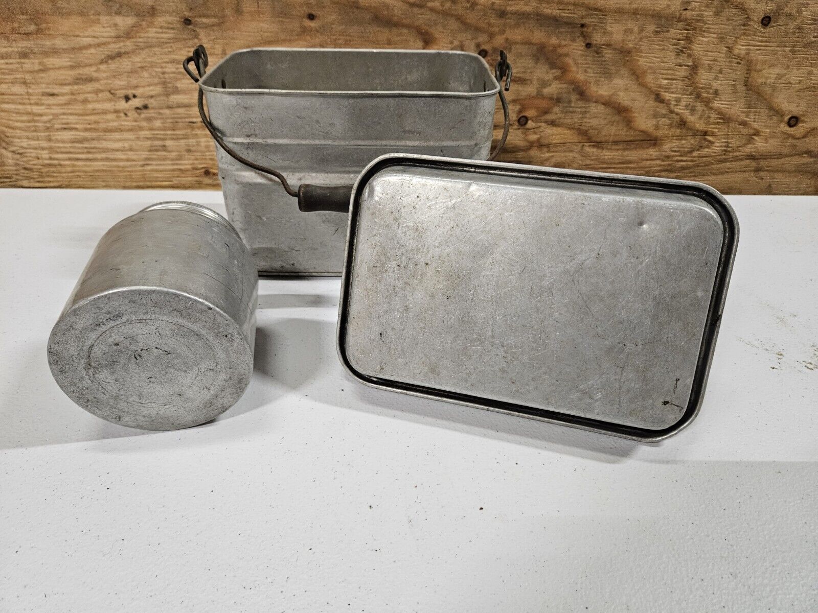 Vintage Aluminum Coal Miners Lunch Pail with Wooden Handle