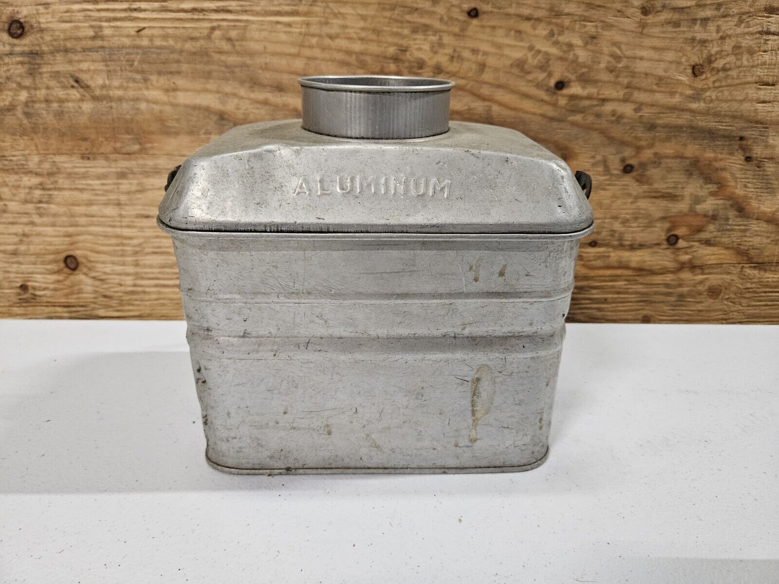 Vintage Aluminum Coal Miners Lunch Pail with Wooden Handle