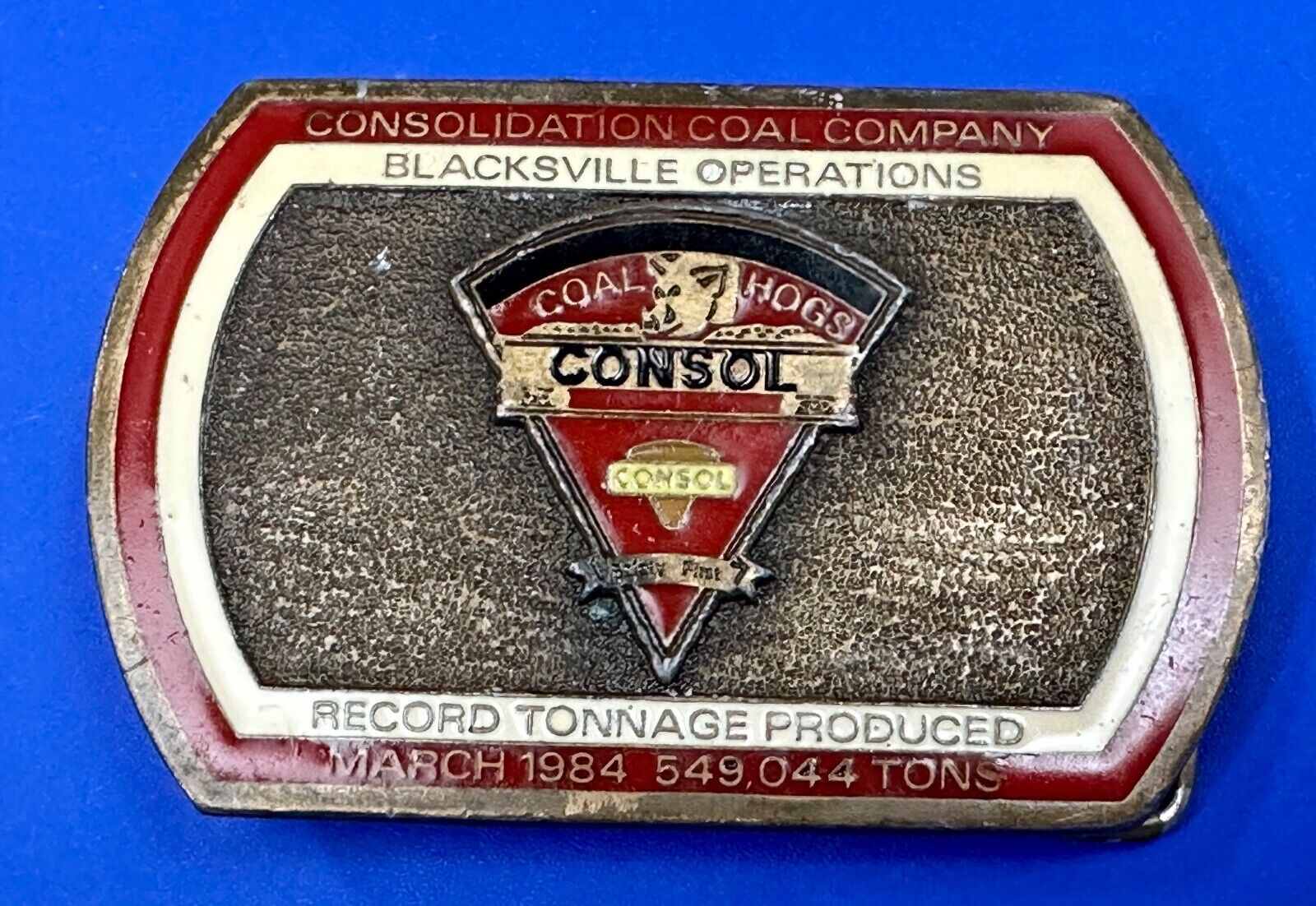 Rare 1984 Consol Coal Hogs Mine Buckle - 549 Tons!