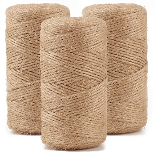 984 FT Natural Jute Twine, Twine String, 3ply Thin Ribbon Hemp Twine, Twine for Gardening Plant Gift Wrapping Art Wedding Decoration Packing String Bulk (3 Roll)