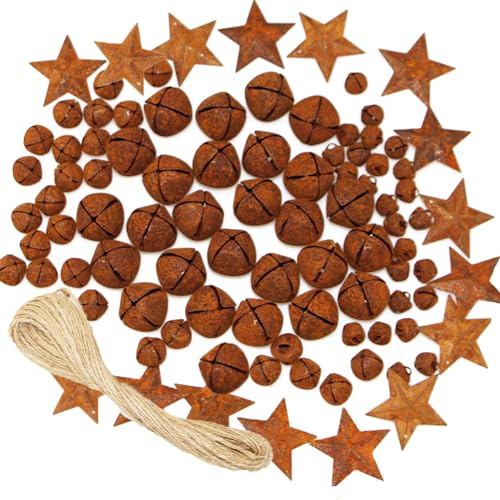 Rusty Metal Jingle Bells Kit Supplies Includes 75 Mixed Size Vintage Rusty Bells 20 Rustic Metal Star and Jute Rope Ribbon for Primitive Crafts Christmas Wreath Holiday Home Decoration (Pack of 95)