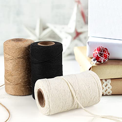 984 Ft Natural Jute Twine, 2mm Thin White Cotton Rope for Crafts, Art, Gardening, Gift Wrapping, Decoration, Packing - 3 Rolls