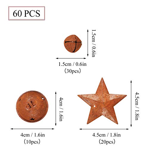 YIYA 60Pcs Rusty Jingle Bells Rusty Metal Stars Contain A Jute Rope, DIY Bells Metal Craft Bells for Christmas Festival Decoration Wreath Holiday Home Decoration (3 Sizes)