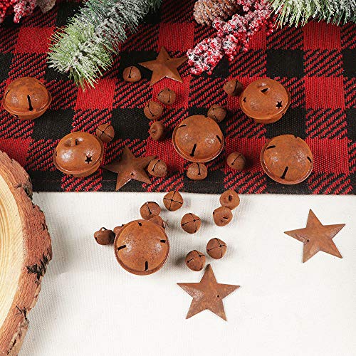 YIYA 60Pcs Rusty Jingle Bells Rusty Metal Stars Contain A Jute Rope, DIY Bells Metal Craft Bells for Christmas Festival Decoration Wreath Holiday Home Decoration (3 Sizes)