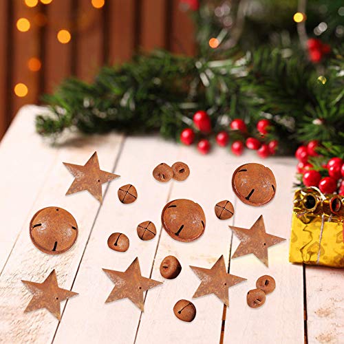 YIYA 60Pcs Rusty Jingle Bells Rusty Metal Stars Contain A Jute Rope, DIY Bells Metal Craft Bells for Christmas Festival Decoration Wreath Holiday Home Decoration (3 Sizes)