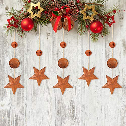 YIYA 60Pcs Rusty Jingle Bells Rusty Metal Stars Contain A Jute Rope, DIY Bells Metal Craft Bells for Christmas Festival Decoration Wreath Holiday Home Decoration (3 Sizes)