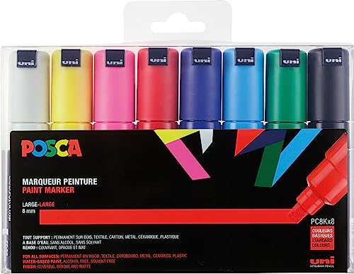 POSCA Mitsubishi Pencil PC8K8C Water-Based Pen, Broad Point, Square Core, 8 Colors
