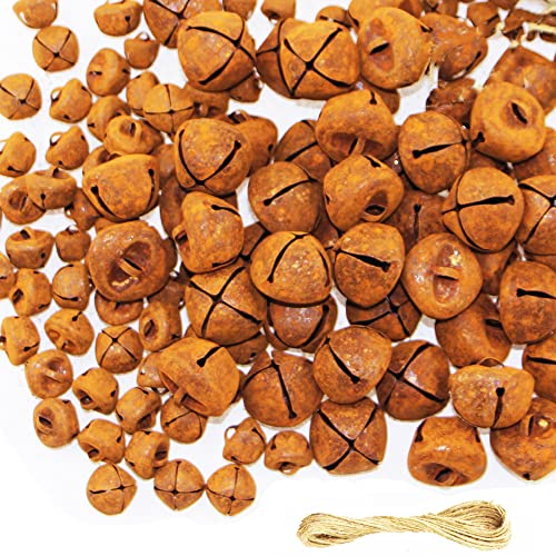 150 Pieces Christmas Rusty Bells Kit with A Jute Twine Vintage Country Primitive Craft Mini Jingle Bells Rustic Bells for Crafts Wreath Holiday Home Ornaments Christmas Trees Decoration (Mixed Size)