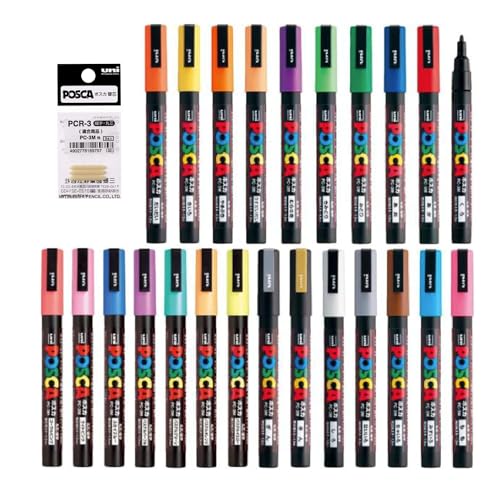 Posca Marker Acrylic Paint Pens Fine Point Tip width 0.9-1.3mm 24 colors PC-3M, For Rock Painting, Fabric, Glass Paint, Metal Paint Including Pens Tip Refill PCR-3