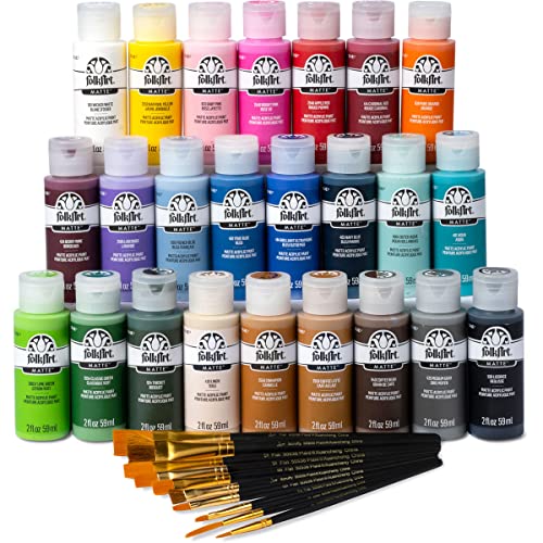 24 Bottle FolkArt Acrylic Paint Set with 10 Brushes