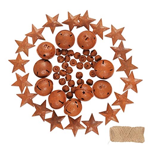 YIYA 60Pcs Rusty Jingle Bells Rusty Metal Stars Contain A Jute Rope, DIY Bells Metal Craft Bells for Christmas Festival Decoration Wreath Holiday Home Decoration (3 Sizes)