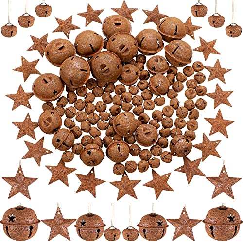 140 Pieces Christmas Bell Set, Includes 100 Rustic Small Bell 20 Star Cutout Bell 20 Metal Star Vintage Ornament for Christmas Home Decor DIY Craft (Rusty)