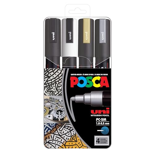posca 4 Paint Markers, 5M Medium Markers Set of Mono-Colors with Reversible Tips of Acrylic Paint Pens Pens for Art Supplies, Fabric Paint, Fabric Markers, Paint Pen, Art Markers