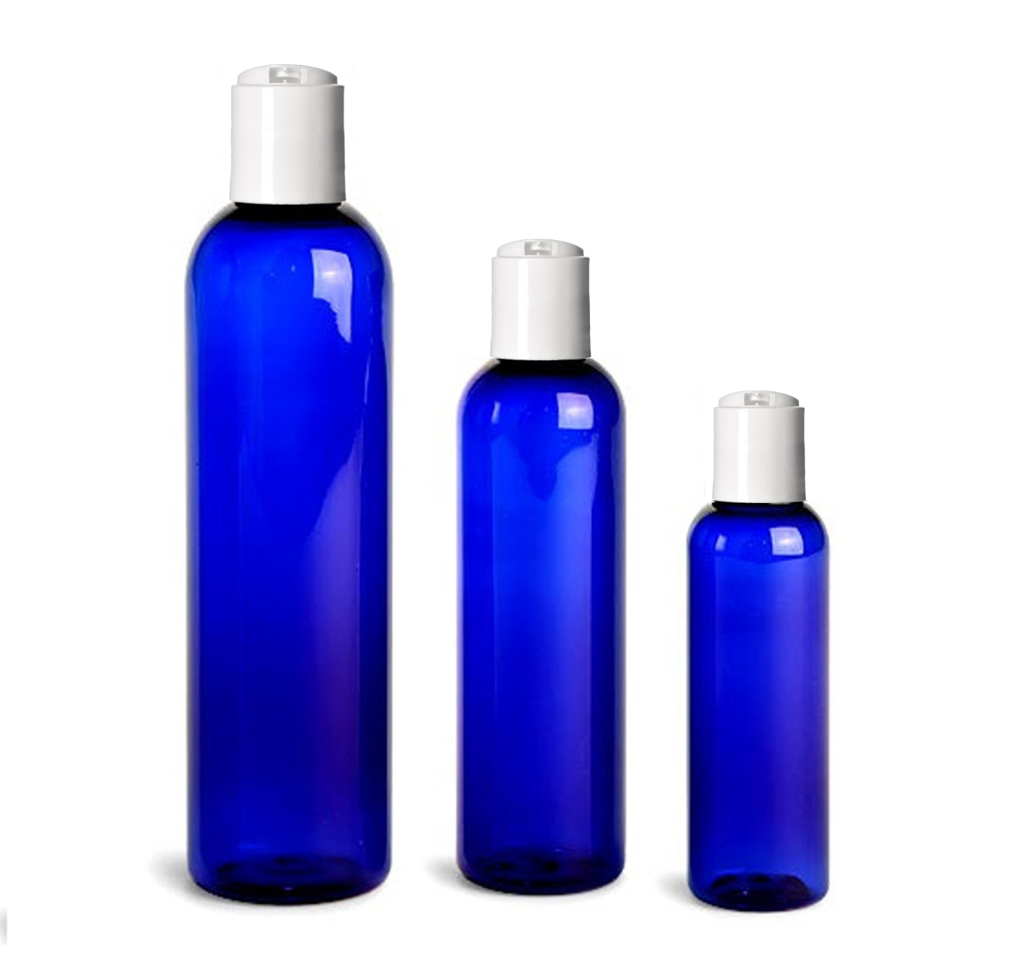 Blue Cosmo Round Bottles with White Disc Cap