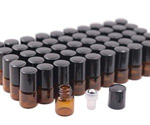 50 Pack Amber Glass Roller Bottles with Caps