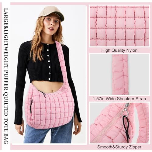 Women's Quilted Puffer Tote Bag - Lightweight Pink