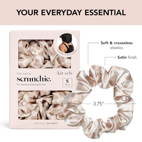 Kitsch Satin Hair Scrunchies for Women - Softer Than Silk Scrunchies for Hair | Satin Scrunchies for Girls | Satin Hair Ties for Women | Silk Hair Ties No Damage | Silk Ponytail Holders, 5 pcs Leopard