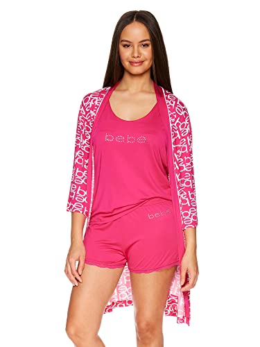 bebe Womens Pajamas 3-Piece Set Logo, Tank Top, Pajama Shorts, and Short Robe Sleepwear Travel Set (Ruby)