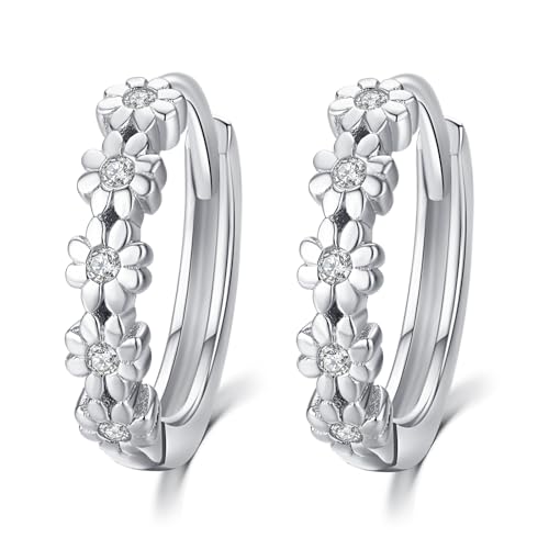 KINGWHYTE Small Hoop Earrings for Women S925 Sterling Silver 18K Gold Plated Daisy Flower Hoop Earrings Hypoallergenic Earrings for Women 14mm