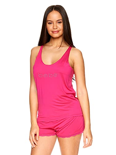 bebe Womens Pajamas 3-Piece Set Logo, Tank Top, Pajama Shorts, and Short Robe Sleepwear Travel Set (Ruby)