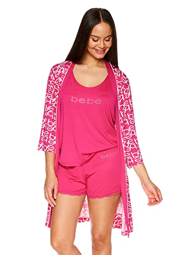 bebe Womens Pajamas 3-Piece Set Logo, Tank Top, Pajama Shorts, and Short Robe Sleepwear Travel Set (Ruby)