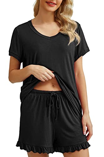 PrinStory Womens Pajamas Set Lounge Sets Short Sleeve Sleepwear Soft Pjs Shorts Set with Pockets Black M
