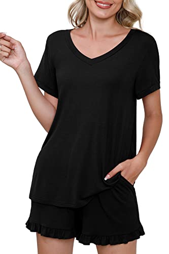 PrinStory Womens Pajamas Set Lounge Sets Short Sleeve Sleepwear Soft Pjs Shorts Set with Pockets Black M