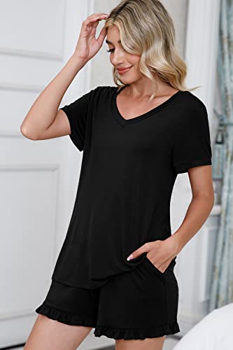 PrinStory Womens Pajamas Set Lounge Sets Short Sleeve Sleepwear Soft Pjs Shorts Set with Pockets Black M