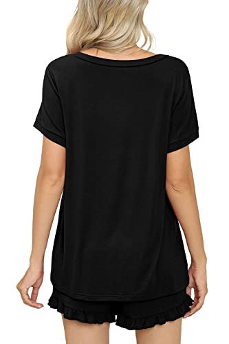 PrinStory Womens Pajamas Set Lounge Sets Short Sleeve Sleepwear Soft Pjs Shorts Set with Pockets Black M