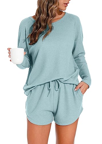 PrinStory Pajamas Set for Women Waffle Knit Lounge Set 2 Piece Outfits Loungewear Sweatsuit with Pockets Blue Green