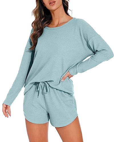 PrinStory Pajamas Set for Women Waffle Knit Lounge Set 2 Piece Outfits Loungewear Sweatsuit with Pockets Blue Green