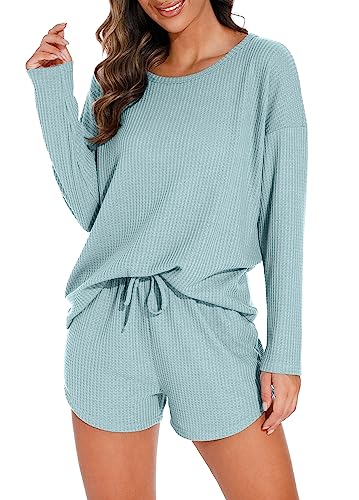 PrinStory Pajamas Set for Women Waffle Knit Lounge Set 2 Piece Outfits Loungewear Sweatsuit with Pockets Blue Green