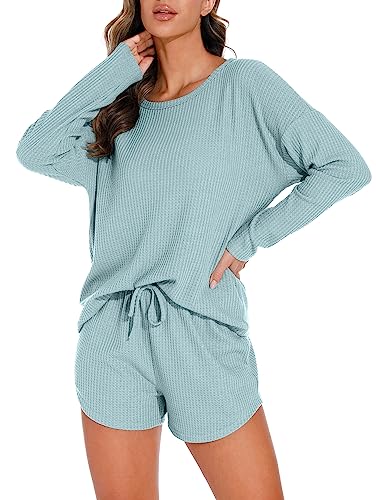 PrinStory Pajamas Set for Women Waffle Knit Lounge Set 2 Piece Outfits Loungewear Sweatsuit with Pockets Blue Green