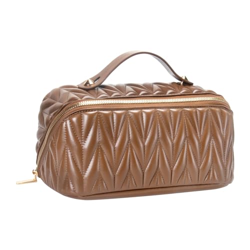 Large Leather Travel Makeup Bag Organizer with Waterproof Pocket