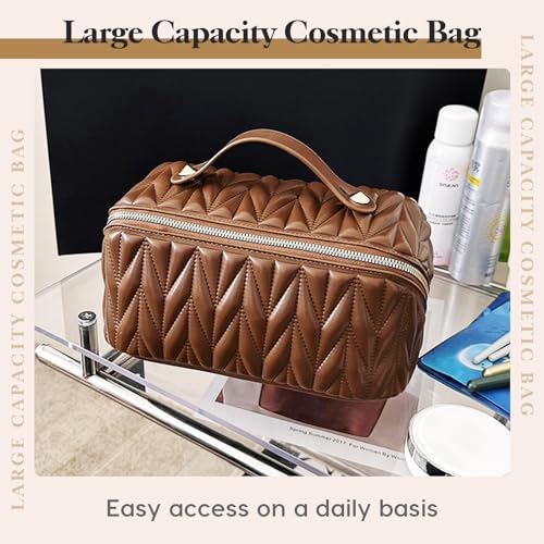 Large Leather Travel Makeup Bag Organizer with Waterproof Pocket