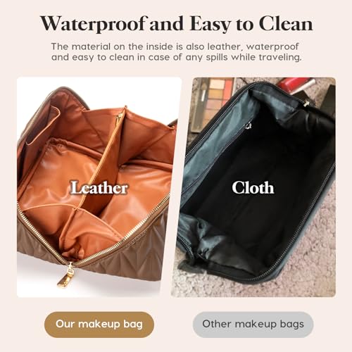 Large Leather Travel Makeup Bag Organizer with Waterproof Pocket