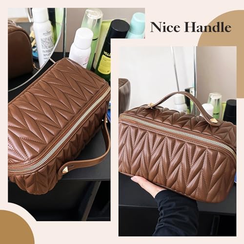 Large Leather Travel Makeup Bag Organizer with Waterproof Pocket