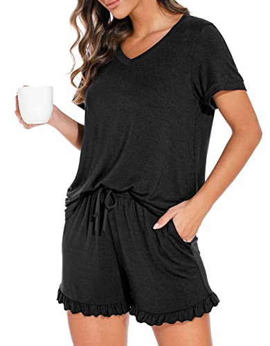 PrinStory Womens Pajamas Set Lounge Sets Short Sleeve Sleepwear Soft Pjs Shorts Set with Pockets Black M